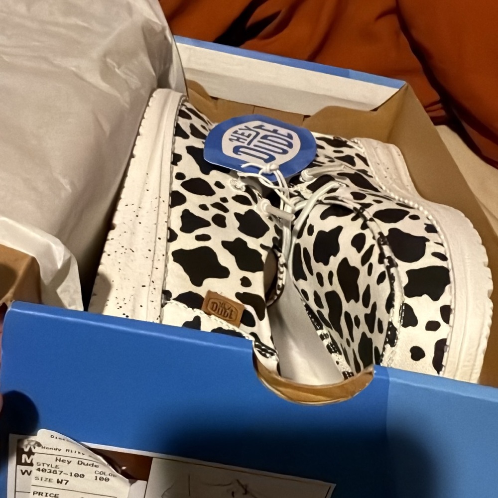 Hey Dude Black and White Cow Pattern Shoes women’s size 7